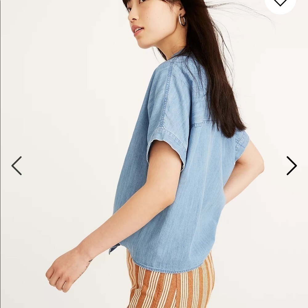 Madewell Blue Short Sleeve Tie Bottom Boxy Button Down Shirt - Picture 6 of 14
